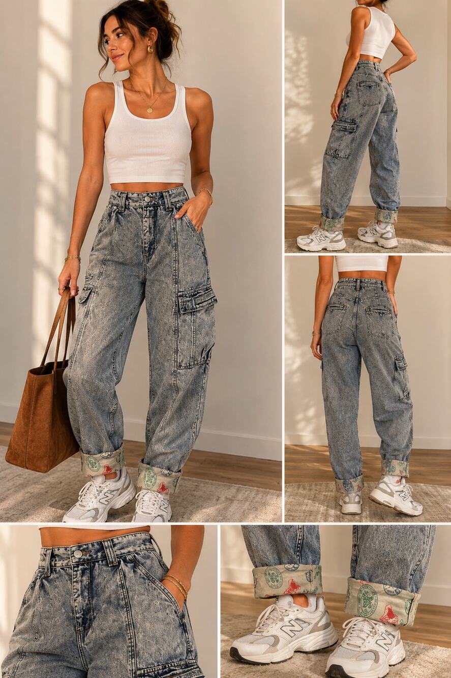 Vtg 80s Jordache Adventure Acid Wash Cargo Jeans Cuffed Hem Utility Denim 32X34